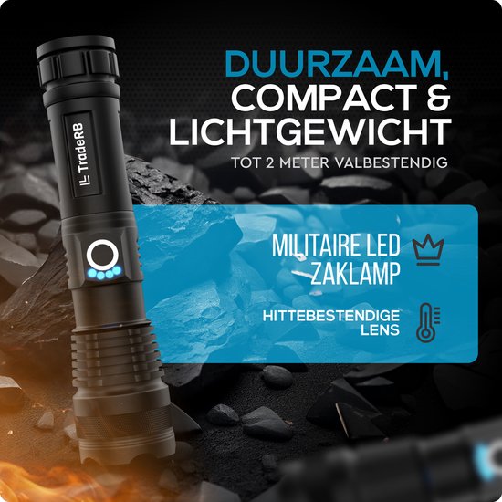 TradeRB® Militaire LED Zaklamp - USB Oplaadbaar - Inclusief 5000 mAh Batterij & Opbergdoos - 20 Branduren - Zoomfunctie - Telescopische Lens - voor Kamperen & Wandelen - 3000 Lumen - Aluminium – Zwart