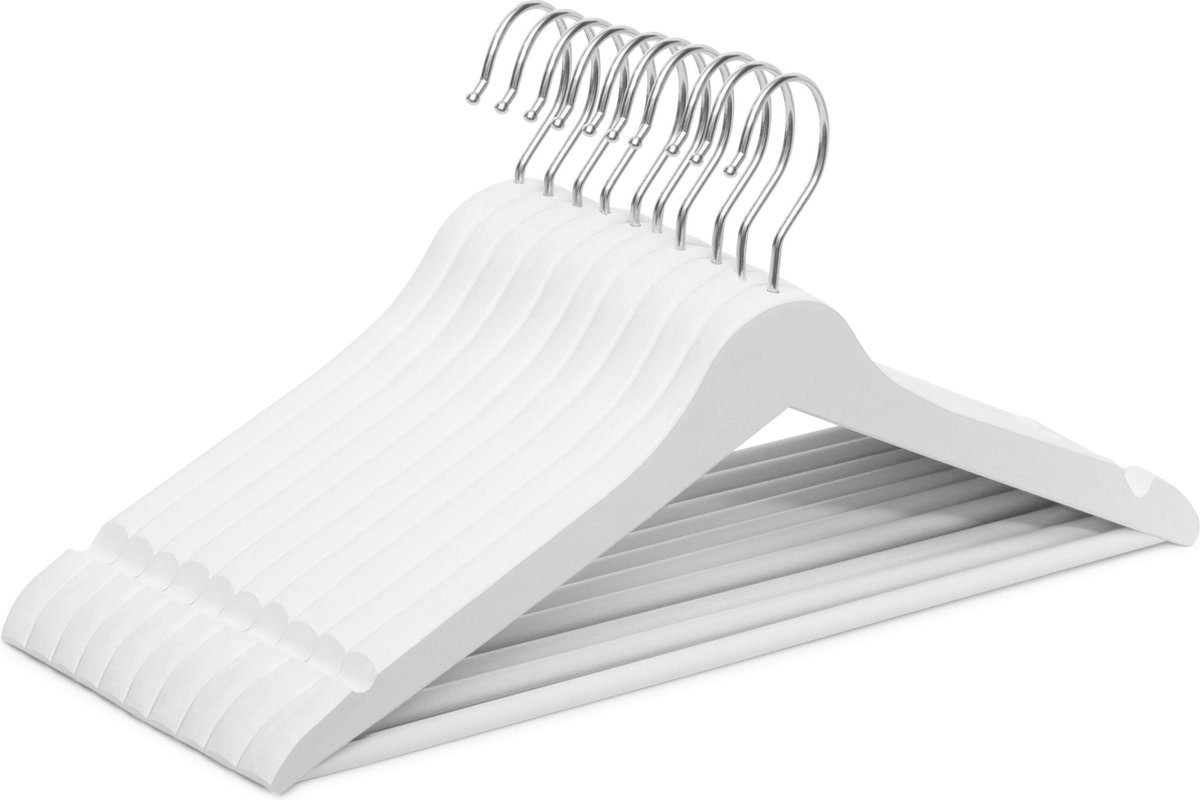 Wicotex-Kledinghanger – SET 10 stuks - houten-kleerhanger, met rok inkepingen en broekspijpen, draaibare haak, Dames en heren kleding - WIT