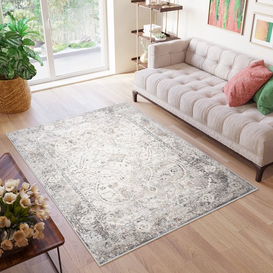 Un tapis vintage beige clair dans un salon lumineux avec un canapé et des plantes.