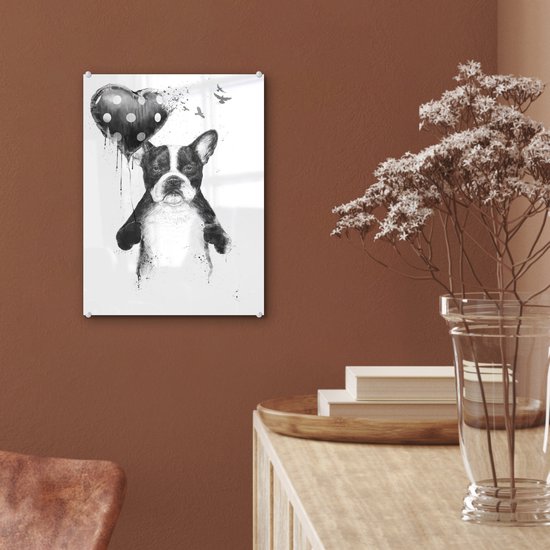 MuchoWow® Glasschilderij 30x40 cm - Schilderij acrylglas - Hond - Ballon - Stippen - Vogels - Foto op glas - Schilderijen