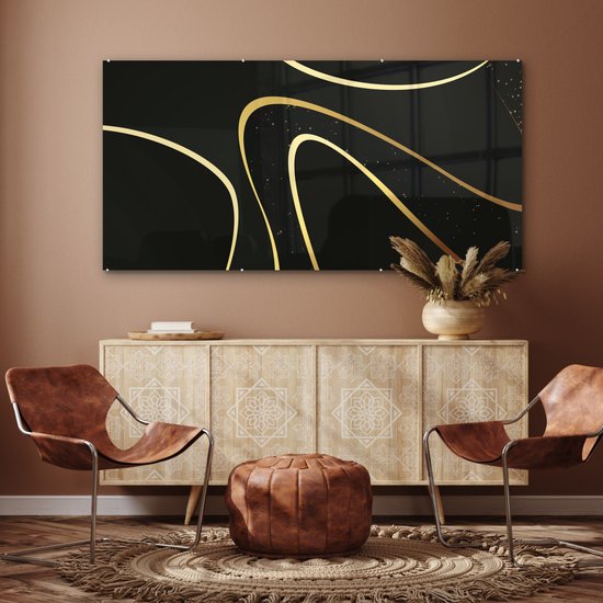 MuchoWow® Peinture sur verre 160x80 cm - Peinture sur verre acrylique - Vagues dorées sur fond noir - Photo sur verre - Peintures