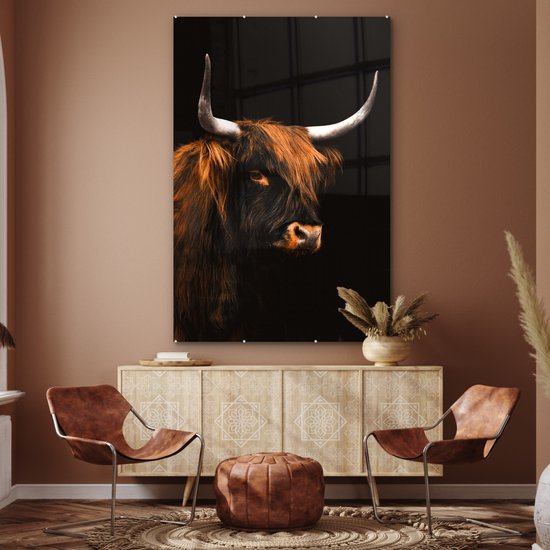 MuchoWow® Peinture sur verre 100x150 cm - Peinture sur verre acrylique - Highlander écossais - Zwart - Fourrure - Photo sur verre - Peintures