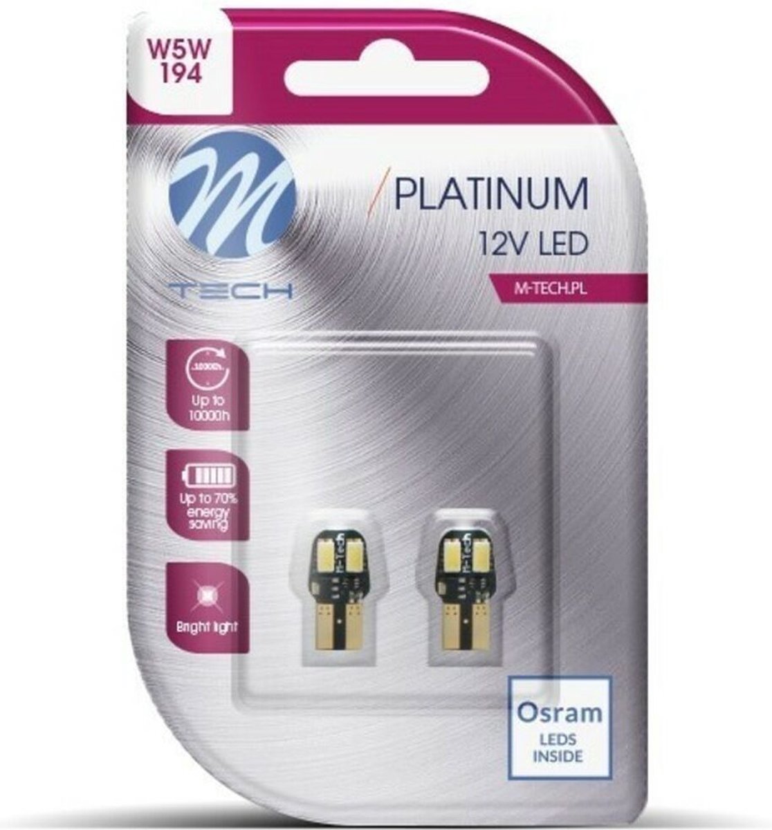 M-Tech LED W5W 12V 2W - Platinum - Canbus - 4x Osram Led diode - Wit - Set