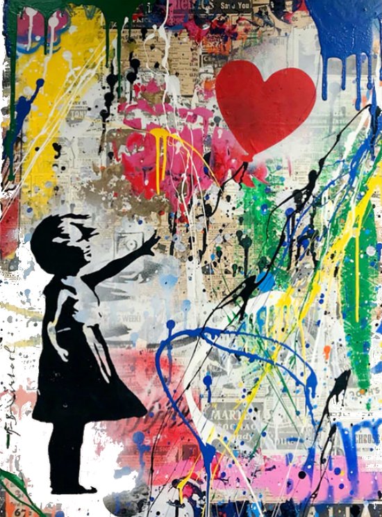 Allernieuwste.nl® Peinture sur toile Banksy Girl with Balloon Grafitti - Girl - Ballon - Poster - Reproduction - 50 x 70 cm - Couleur