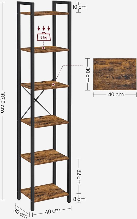 ZAZA Home Boekenkast en Industriële Opbergrek met 6 Planken - Vintage Bruin/Zwart