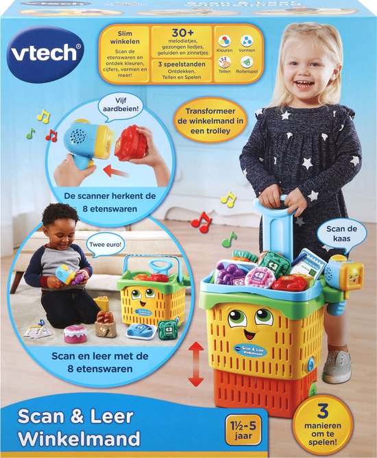 Marketing afbeelding VTech Scan & Leer Winkelmand met tekst en foto's van spelende kinderen.