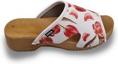 Houten sandalen met upper van leer - Rode tulpen print - veel grip en comfortabele instap - maat 36