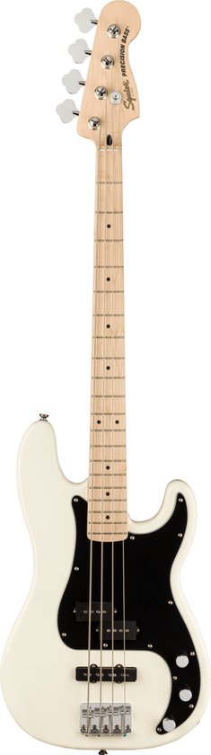Witte Squier Affinity Series Precision Bass gitaar met zwarte slagplaat en esdoorn toets.