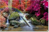 Tuinposter - Regenboog - Waterval - Water - Roze - Stenen - Bos - 90x60 cm - Tuindoeken voor buiten - Schuttingdoek - Tuinposter waterval