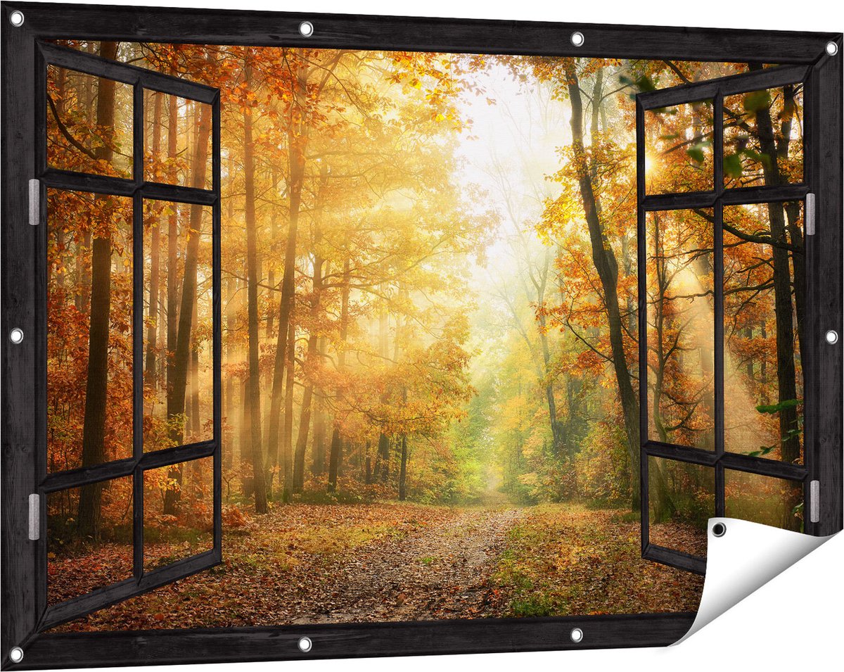 Gards Tuinposter Doorkijk Herfstbos met Zonneschijn - 120x80 cm - Tuindoek - Tuindecoratie - Wanddecoratie buiten - Tuinschilderij zwart