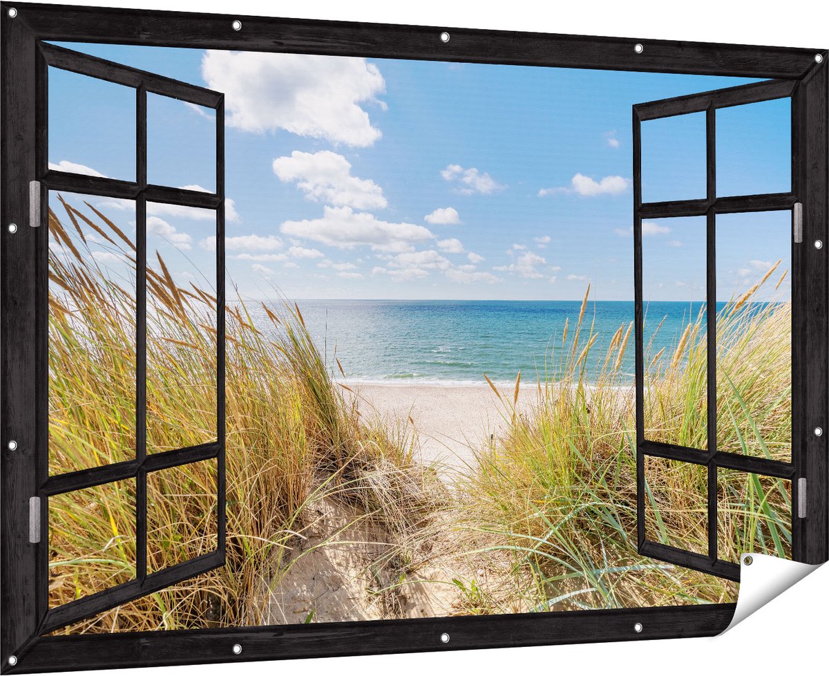 Gards Tuinposter Doorkijk Strand en Zee vanuit Duinen - 180x120 cm - Tuindoek - Tuindecoratie - Wanddecoratie buiten - Tuinschilderij Multikleur
