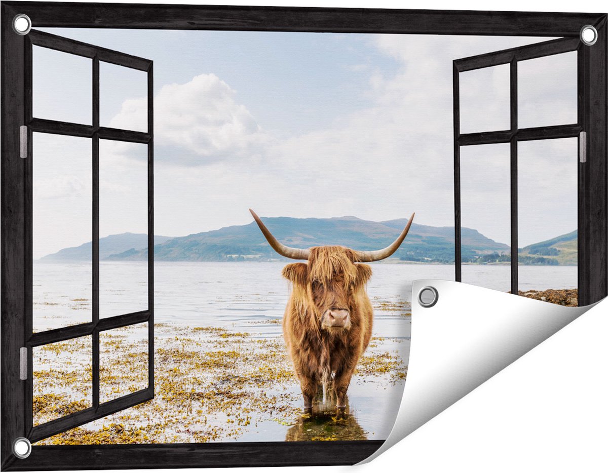 Gards Tuinposter Doorkijk Voetpad naar Strand en Zee - 60x40 cm - Tuindoek - Tuindecoratie - Wanddecoratie buiten - Tuinschilderij Zwart