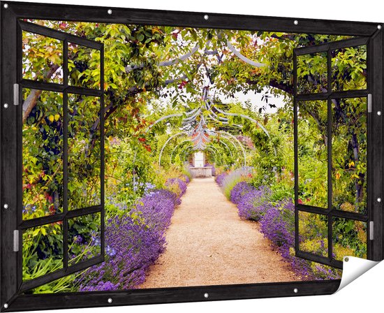 Gards Tuinposter Doorkijk Lavendel Pad - 180x120 cm - Tuindoek - Tuindecoratie - Wanddecoratie buiten - Tuinschilderij