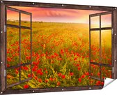 Gards Tuinposter Doorkijk Rode Klaproos Bloemenveld - Zonsondergang - 180x120 cm - Tuindoek - Tuindecoratie - Wanddecoratie buiten - Tuinschilderij