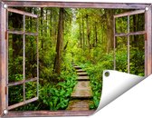 Gards Tuinposter Doorkijk Voetpad in het Bos met Groene Planten - 60x40 cm - Tuindoek - Tuindecoratie - Wanddecoratie buiten - Tuinschilderij