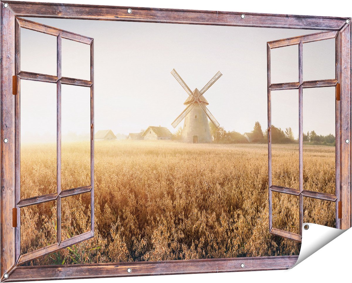 Gards Tuinposter Doorkijk Windmolen in het Veld - 150x100 cm - Tuindoek - Tuindecoratie - Wanddecoratie buiten - Tuinschilderij Bruin