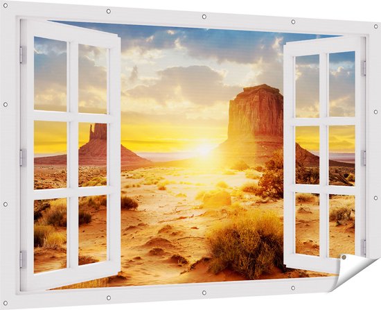 Gards Tuinposter Doorkijk Zonsondergang in Woestijn Monument Valley - 180x120 cm - Tuindoek - Tuindecoratie - Wanddecoratie buiten - Tuinschilderij