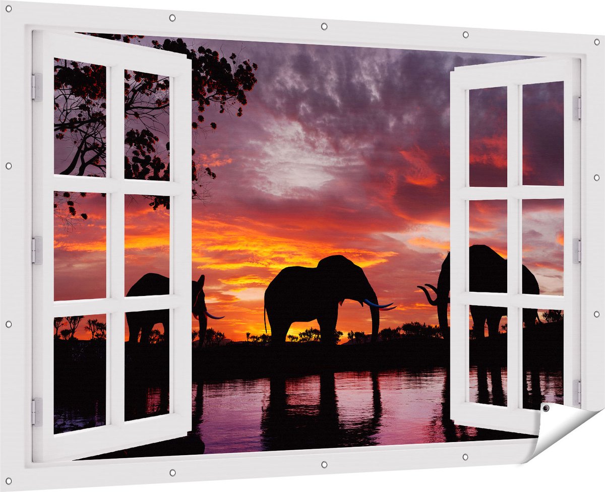 Gards Tuinposter Doorkijk Olifanten tijdens Zonsondergang - Silhouet - 180x120 cm - Tuindoek - Tuindecoratie - Wanddecoratie buiten - Tuinschilderij Multikleur