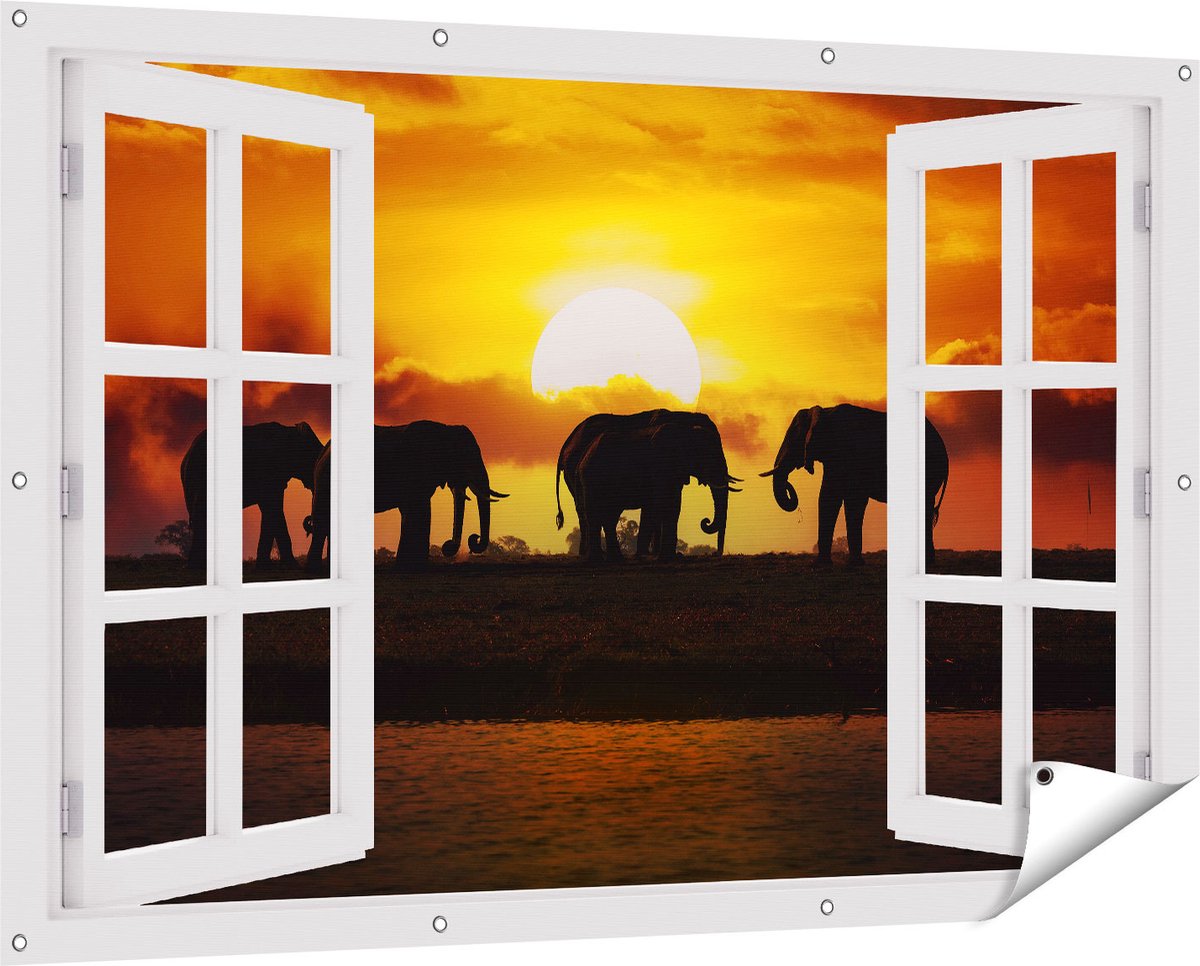 Gards Tuinposter Doorkijk Silhouet Olifanten tijdens Zonsondergang - 150x100 cm - Tuindoek - Tuindecoratie - Wanddecoratie buiten - Tuinschilderij wit