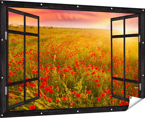 Gards Tuinposter Doorkijk Rode Klaproos Bloemenveld - Zonsondergang - 180x120 cm - Tuindoek - Tuindecoratie - Wanddecoratie buiten - Tuinschilderij