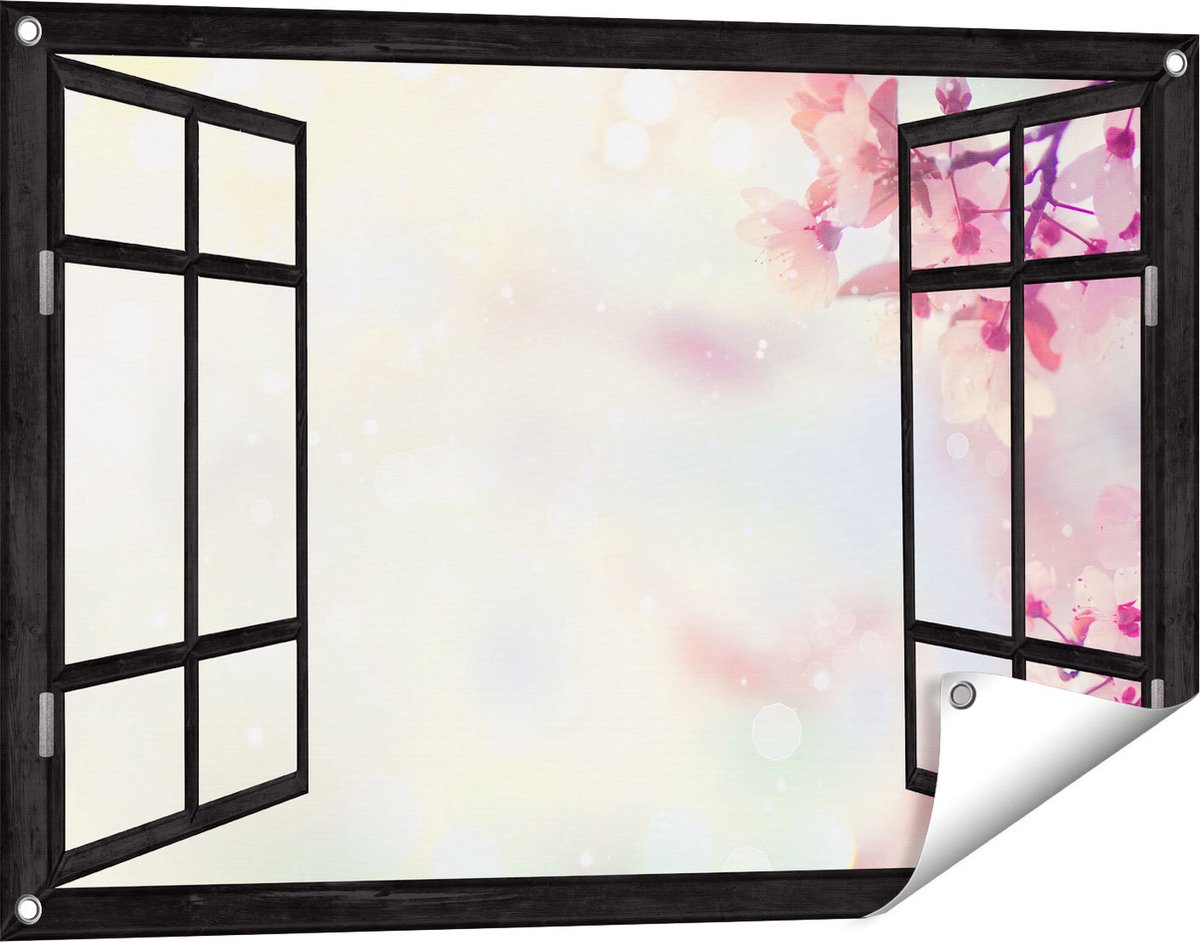 Gards Tuinposter Doorkijk Roze Bloesemboom met Zonneschijn - 90x60 cm - Tuindoek - Tuindecoratie - Wanddecoratie buiten - Tuinschilderij Zwart