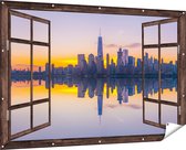 Gards Tuinposter Doorkijk New York Skyline bij Zonsopgang - 180x120 cm - Tuindoek - Tuindecoratie - Wanddecoratie buiten - Tuinschilderij