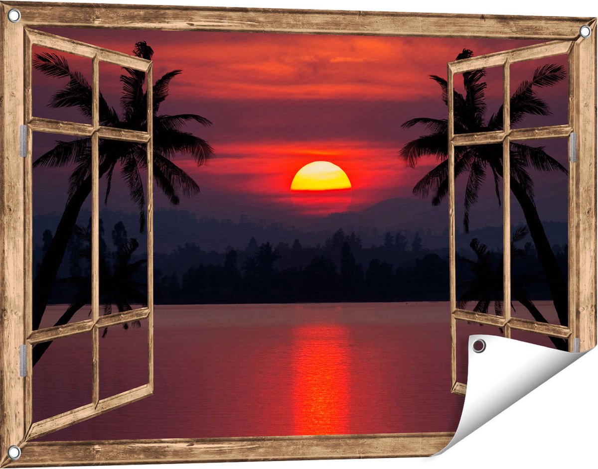 Gards Tuinposter Doorkijk Zonsondergang op het Strand met Palmbomen - 90x60 cm - Tuindoek - Tuindecoratie - Wanddecoratie buiten - Tuinschilderij licht bruin