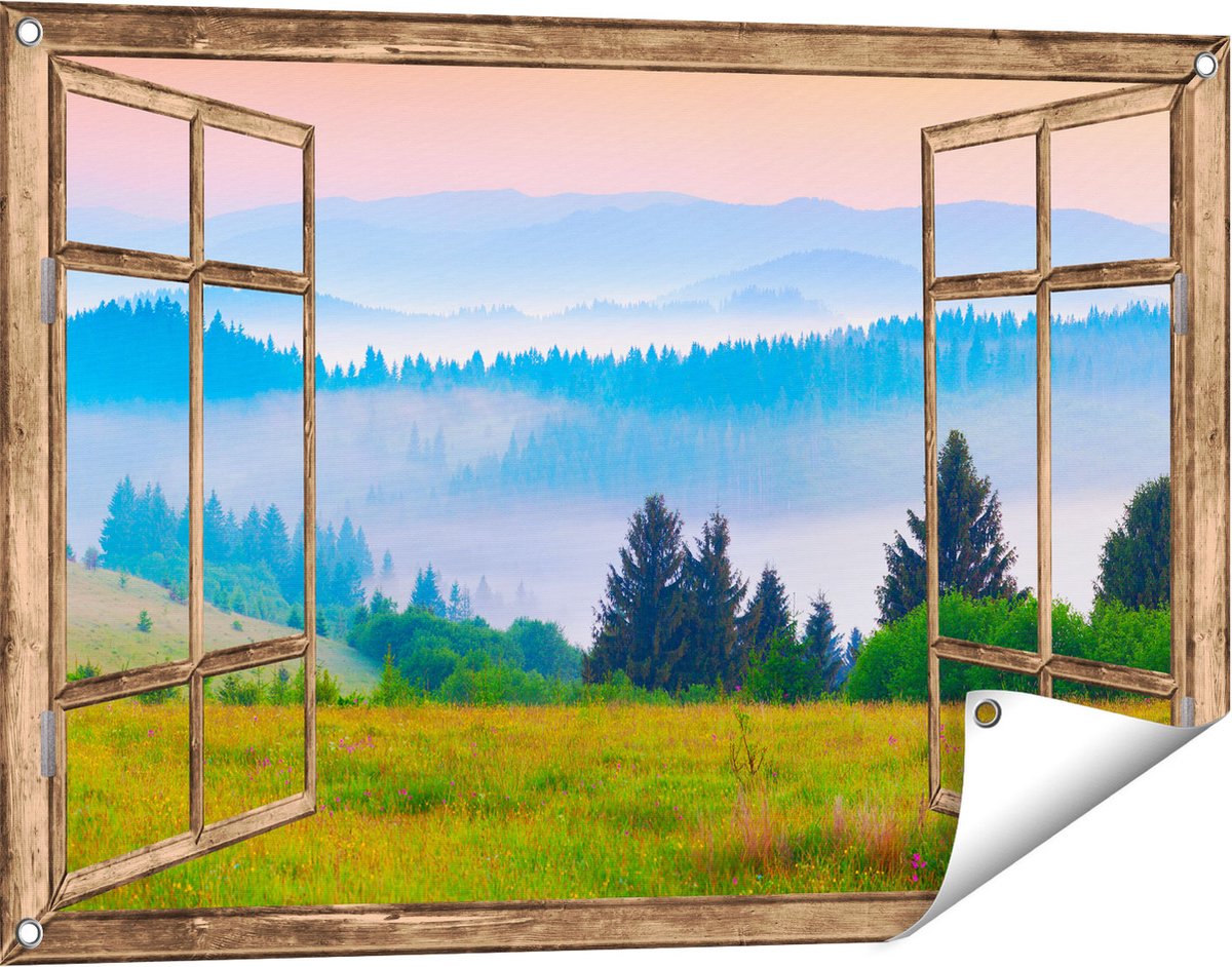 Gards Tuinposter Doorkijk Mistige Heuvel Landschap met Bossen - 90x60 cm - Tuindoek - Tuindecoratie - Wanddecoratie buiten - Tuinschilderij Licht bruin