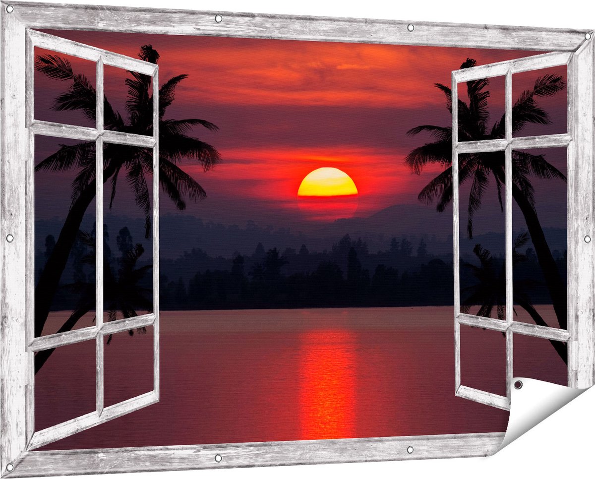 Gards Tuinposter Doorkijk Zonsondergang op het Strand met Palmbomen - 150x100 cm - Tuindoek - Tuindecoratie - Wanddecoratie buiten - Tuinschilderij Grijs