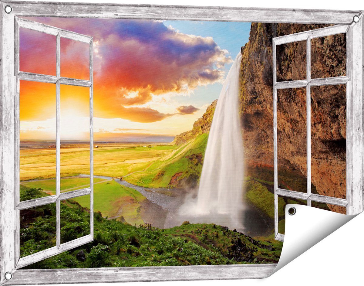 Gards Tuinposter Doorkijk Waterval in IJsland met Zonsondergang - 90x60 cm - Tuindoek - Tuindecoratie - Wanddecoratie buiten - Tuinschilderij Grijs