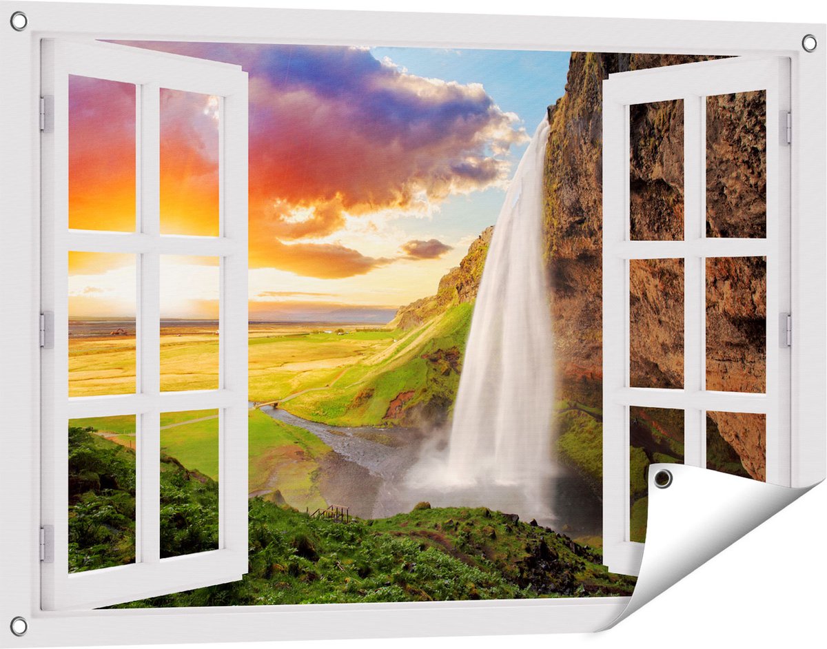 Gards Tuinposter Doorkijk Waterval in IJsland met Zonsondergang - 90x60 cm - Tuindoek - Tuindecoratie - Wanddecoratie buiten - Tuinschilderij wit