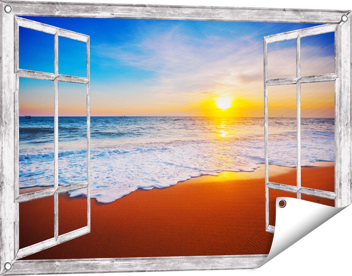 Gards Tuinposter Doorkijk Strand en Zee tijdens Zonsondergang - 90x60 cm - Tuindoek - Tuindecoratie - Wanddecoratie buiten - Tuinschilderij Grijs