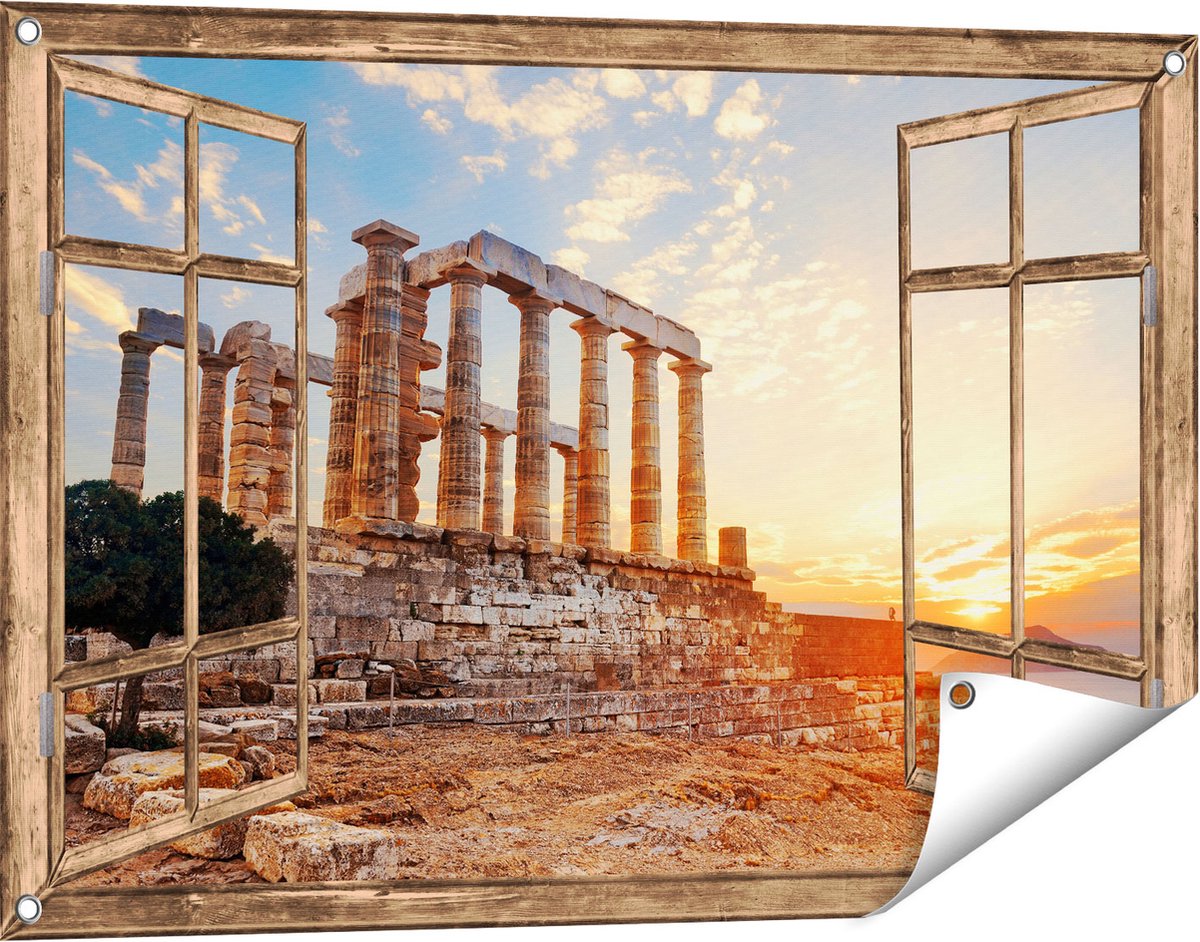 Gards Tuinposter Doorkijk Tempel van Poseidon in Athene, Griekenland - 90x60 cm - Tuindoek - Tuindecoratie - Wanddecoratie buiten - Tuinschilderij licht bruin