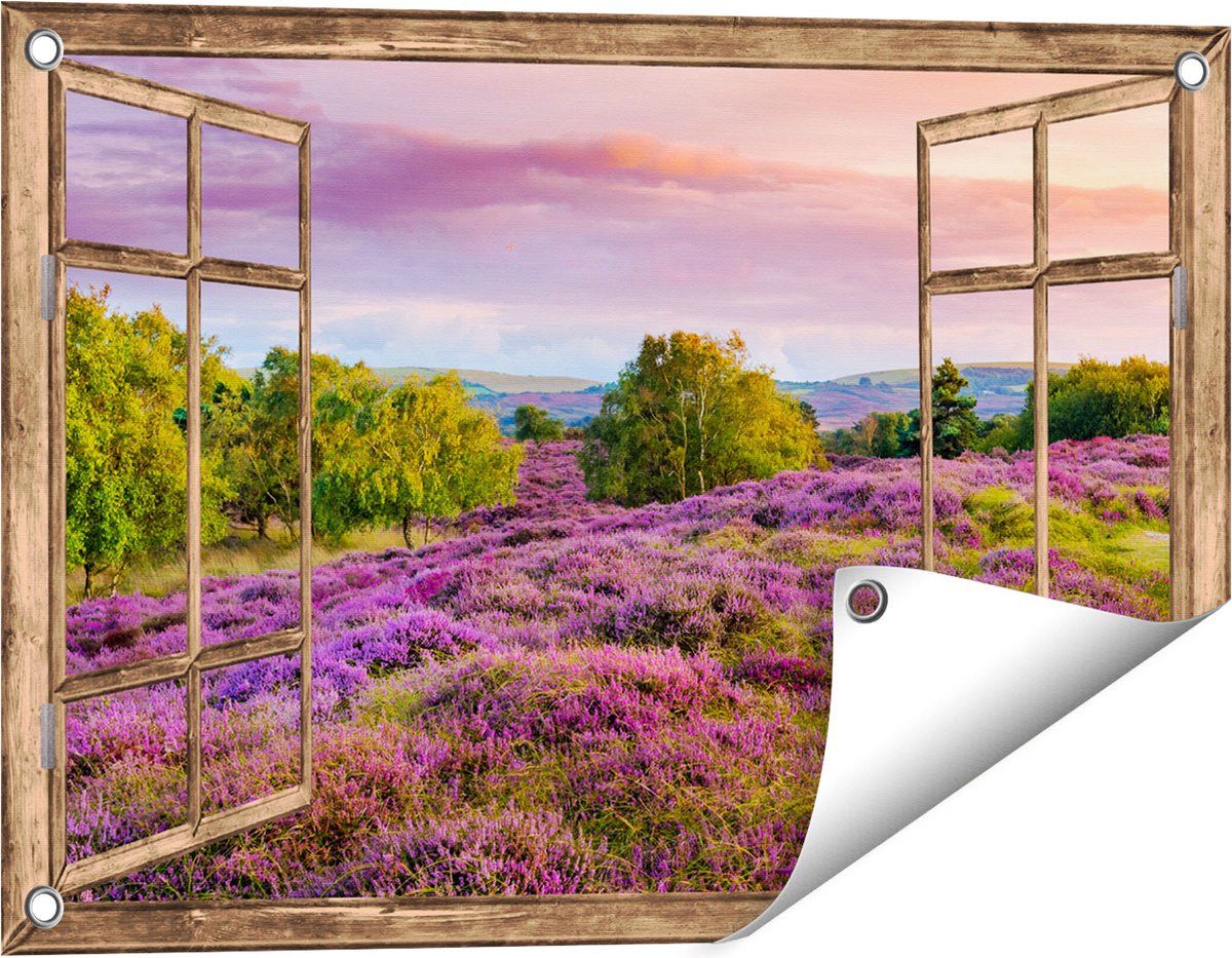 Gards Tuinposter Doorkijk Paarse Weide - 60x40 cm - Tuindoek - Tuindecoratie - Wanddecoratie buiten - Tuinschilderij Licht bruin