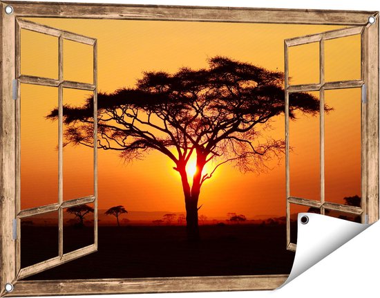 Gards Tuinposter Doorkijk Zonsondergang Achter een Savanne Boom - 90x60 cm - Tuindoek - Tuindecoratie - Wanddecoratie buiten - Tuinschilderij