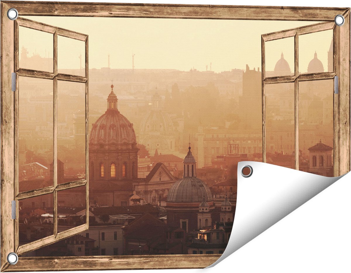 Gards Tuinposter Doorkijk Rome Stad bij Zonsopgang - 60x40 cm - Tuindoek - Tuindecoratie - Wanddecoratie buiten - Tuinschilderij Licht bruin