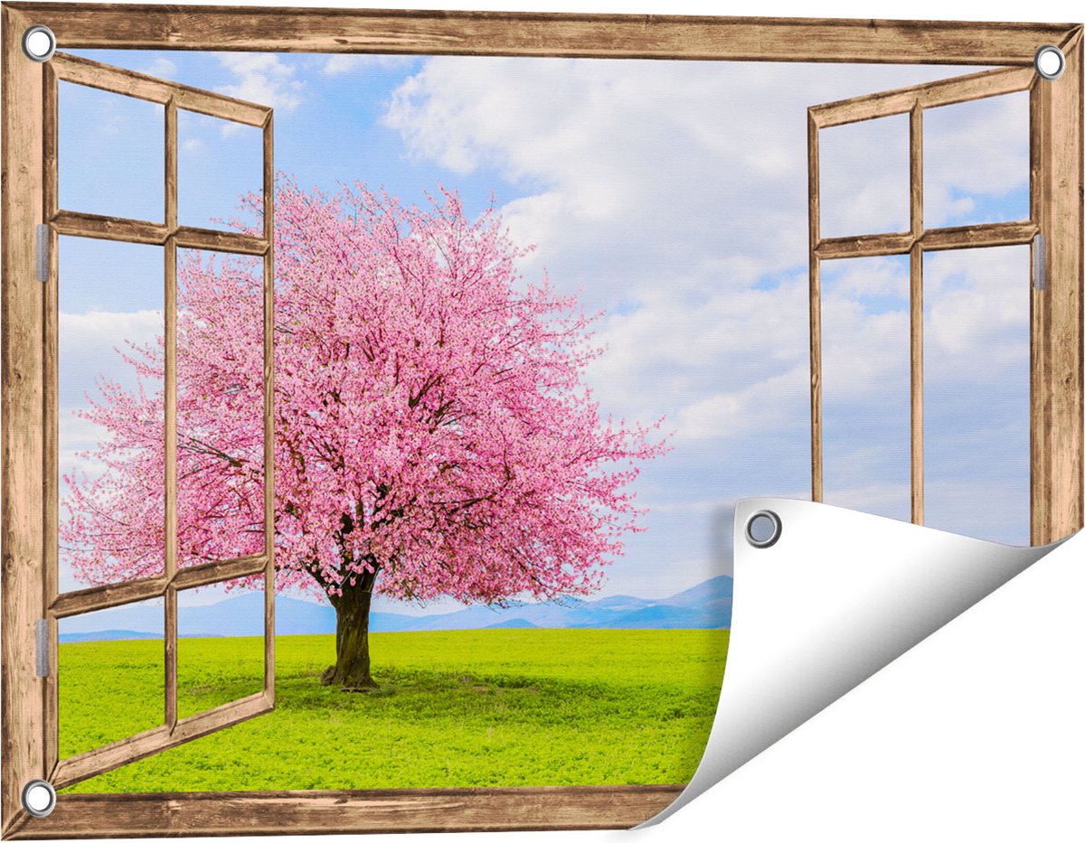 Gards Tuinposter Doorkijk Roze Sakura Bloesem Boom in het Groene Veld - 60x40 cm - Tuindoek - Tuindecoratie - Wanddecoratie buiten - Tuinschilderij Licht bruin