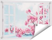 Gards Tuinposter Doorkijk Roze Bloesemboom - Bloemen - 60x40 cm - Tuindoek - Tuindecoratie - Wanddecoratie buiten - Tuinschilderij