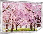 Gards Tuinposter Doorkijk Roze Bloesembomen Park - Bloemen - 150x100 cm - Tuindoek - Tuindecoratie - Wanddecoratie buiten - Tuinschilderij