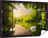Gars Affiche de jardin Regard traversant Cygne sur l' Water en forêt - 150x100 cm - Toile jardin - Décoration de jardin - Décoration murale extérieur - Tableau jardin