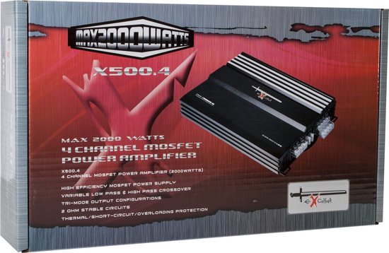 Doos van de Excalibur X500.4 4-kanaals versterker met afbeelding van de versterker.