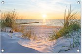 Tuindecoratie Strand - Zon - Duin - Gras - Zand - Horizon - 60x40 cm - Tuinposter - Tuindoek - Buitenposter