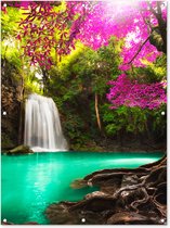 Tuinposter waterval - Bomen - Bladeren - Roze - Natuur - Tuinschilderij voor buiten - Tuindecoratie - Schutting decoratie - 90x120 cm - Tuin - Tuindoek - Schuttingdoek - Tuinposters