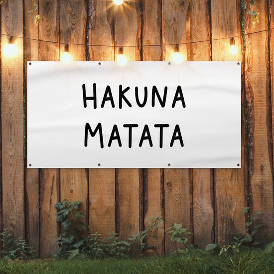 Tuinposter tekst - Hakuna matata - Hartje - Wit - Tuinschilderij voor buiten - Tuindoek - Tuin - Tuindecoratie - Schutting decoratie - 160x80 cm - Schuttingdoek - Buitenposter