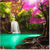 Tuinposter waterval - Bomen - Bladeren - Roze - Natuur - Tuinschilderij voor buiten - Tuindecoratie - Schutting decoratie - 200x200 cm - Tuin - Tuindoek - Schuttingdoek - Tuinposters