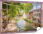 Gards Tuinposter Doorkijk Oudegracht in Utrecht - 150x100 cm - Tuindoek - Tuindecoratie - Wanddecoratie buiten - Tuinschilderij