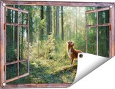 Gards Tuinposter Doorkijk Retriever Hond in het Bos met Zon - 60x40 cm - Tuindoek - Tuindecoratie - Wanddecoratie buiten - Tuinschilderij