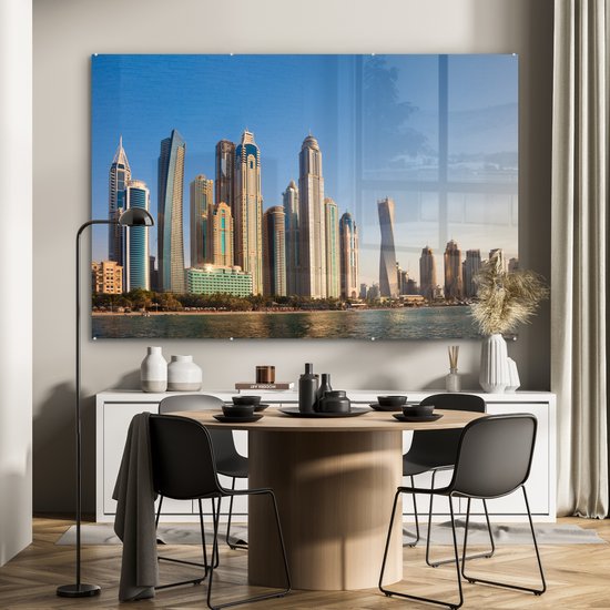 MuchoWow® Peinture sur verre - L' Skyline de la marina de Dubaï depuis la mer - 150x100 cm - Peintures sur verre acrylique - Photo sur Glas