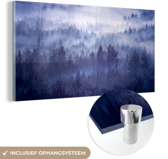 MuchoWow® Glasschilderij 120x60 cm - Schilderij acrylglas - Bos - Mist - Noorwegen - Foto op glas - Schilderijen