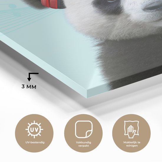 MuchoWow® Peinture sur verre 20x20 cm - Peinture sur verre acrylique - Panda - Casque - Animal - Notes de musique - Rouge - Photo sur verre - Peintures
